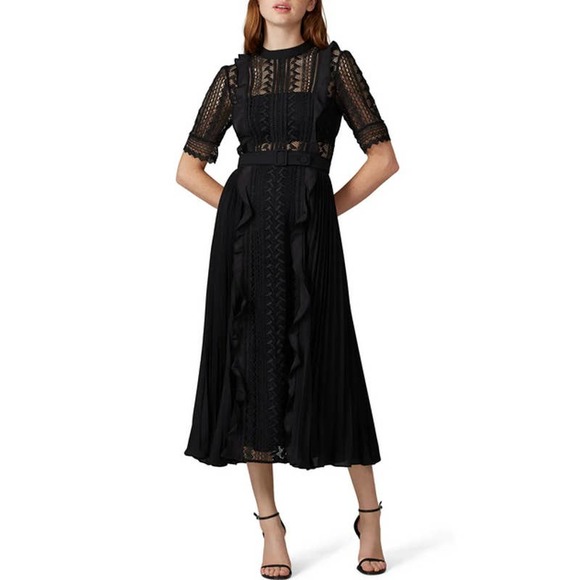 Self-Portrait Dresses & Skirts - Self-Portrait 10 Geometric Lace Midi Dress Black Belted Ruffled Short Sleeves